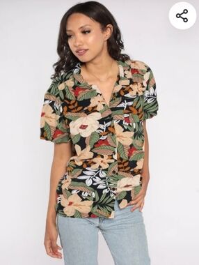 NWT Rebecca Malone Tropical Floral Button-Down - Black, Tan & Green sz SMALL